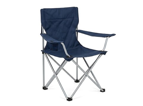 Blue folding camping chair with metal frame and armrests outdoor furniture