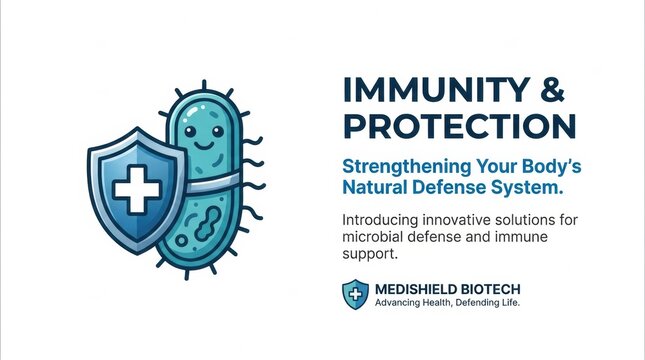An icon features a shield alongside a microbe to represent concepts of immunity and protection. The focus is on health solutions for defenses.