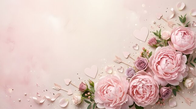 Romantic floral arrangement with roses and peonies on pale pink background