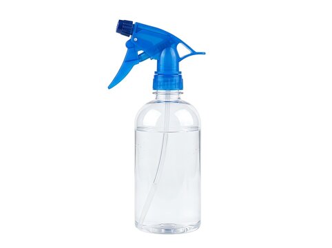 Clear plastic spray bottle with blue trigger and cap
