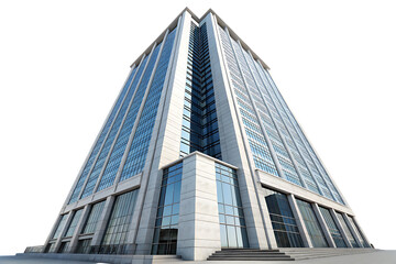 Fototapeta premium Low angle view of a modern skyscraper with glass facade and stone cladding reaching towards the sky representing corporate architecture and urban isolated on a transparent background
