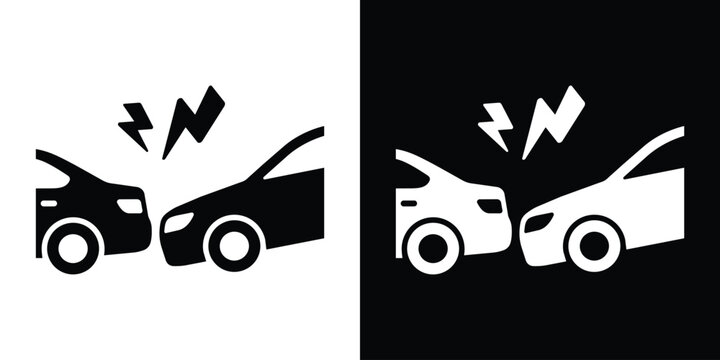Rear-end collision icon showing two cars crashing. Graphic symbol for traffic accidents, fender bender, insurance services, and safe driving awareness.
