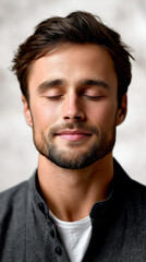 Naklejka premium Calm man with closed eyes confident expression brown hair beard casual shirt peaceful mood indoor portrait natural light