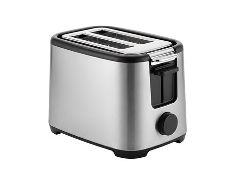 Modern stainless steel two slice toaster with black accents and knobs