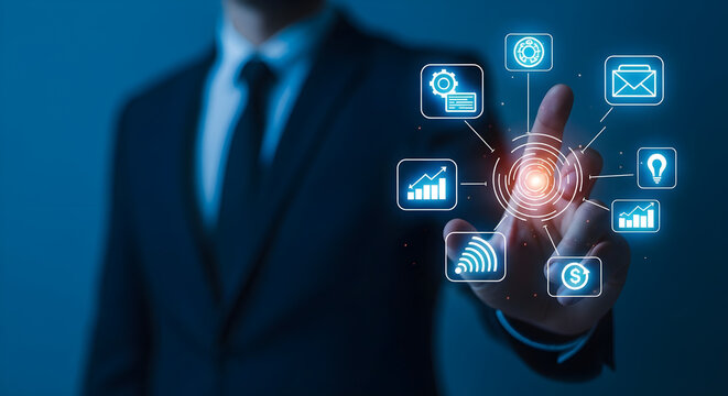 Innovative Digital Transformation with Businessman Touching Glowing Futuristic Interface Icons for Corporate Technology and Data Management Concepts.