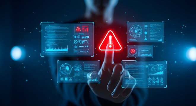 Cybersecurity Alert and System Warning with a hand touching a glowing red exclamation mark icon on a futuristic digital dashboard for data security and risk management concepts.
