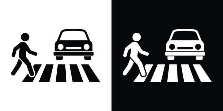 Pedestrian crossing sign with car and zebra stripes. Safety icon for crosswalk zones, urban traffic management, and pedestrian right-of-way design.