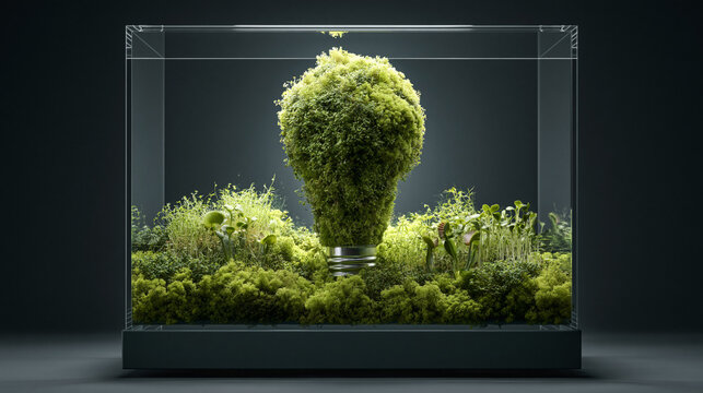 A lightbulb shape filled with thriving green moss sits inside a minimalist glass cube terrarium, representing ecology, innovation, and sustainable environmental concepts.