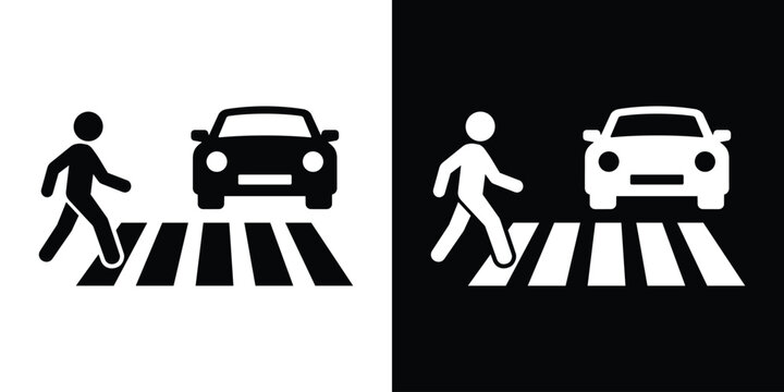 Pedestrian crossing sign with car and zebra stripes. Safety icon for crosswalk zones, urban traffic management, and pedestrian right-of-way design.