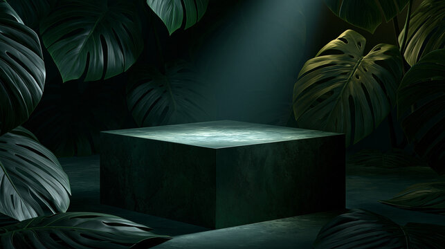 A minimalist product display featuring a floating green stone cube stage surrounded by large dark monstera leaves in a moody tropical jungle with dramatic spotlighting.