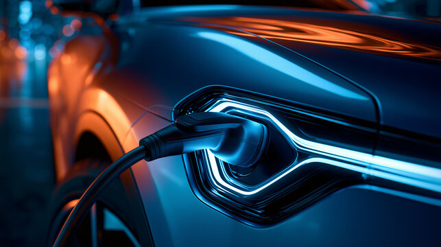 High-detail close-up of a futuristic electric vehicle charging port with glowing blue LED light accents. Professional automotive advertising shot at night.