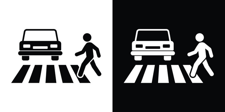 Pedestrian crossing sign with car and zebra stripes. Safety icon for crosswalk zones, urban traffic management, and pedestrian right-of-way design.