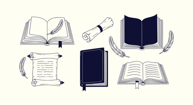 Antique collection of open books scrolls and quills hand drawn vector illustration for branding.