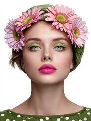 Naklejka premium Beautiful woman with green eyeshadow, pink lipstick, floral headband, green scarf, polka dot top, and soft makeup, expressing confidence