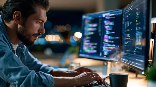 Faceless male developer hunched over a dual-monitor workstation late at night, screens filled with colorful syntax-highlighted code, coffee mug steaming beside the keyboard,