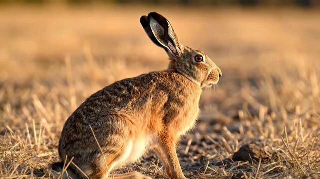 Alert hare stands in field with warm sunlight and natural colors