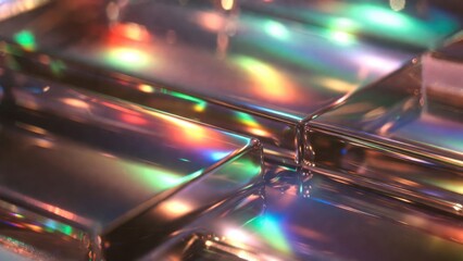 Obraz premium Stacked glass tiles scattering colorful light on reflective surface