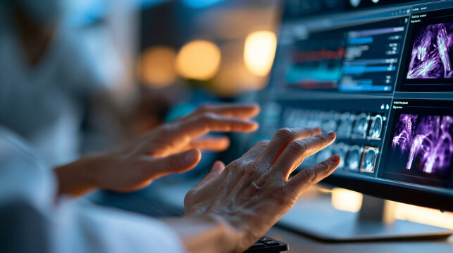 Close-up of anonymous healthcare professional's hands navigating a medical records management system on a high-resolution monitor, patient data charts and diagnostic imaging