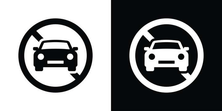 Black and white no entry car sign icon. Minimalist traffic prohibition symbol for urban navigation, parking regulations, and road safety design.