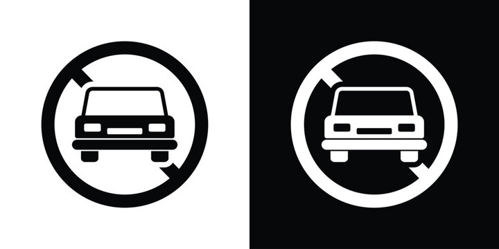 Black and white no entry car sign icon. Minimalist traffic prohibition symbol for urban navigation, parking regulations, and road safety design.