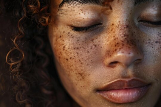 Portrait of a beautiful girl with freckles and closed eyes, highlighting natural beauty and skincare