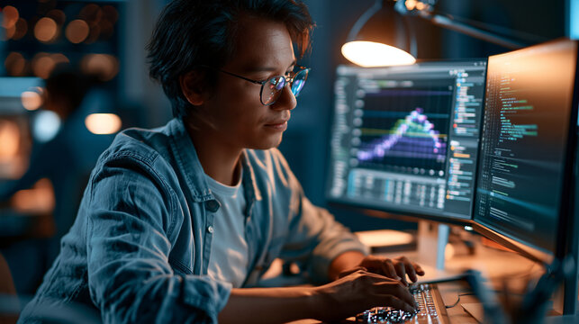 Faceless developer working late at a dual-monitor workstation, primary screen displaying a live AI training loss curve graph, secondary showing dataset preprocessing code,