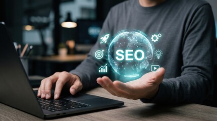 Naklejka premium Professional Using Laptop with SEO Digital Marketing Hologram Concept