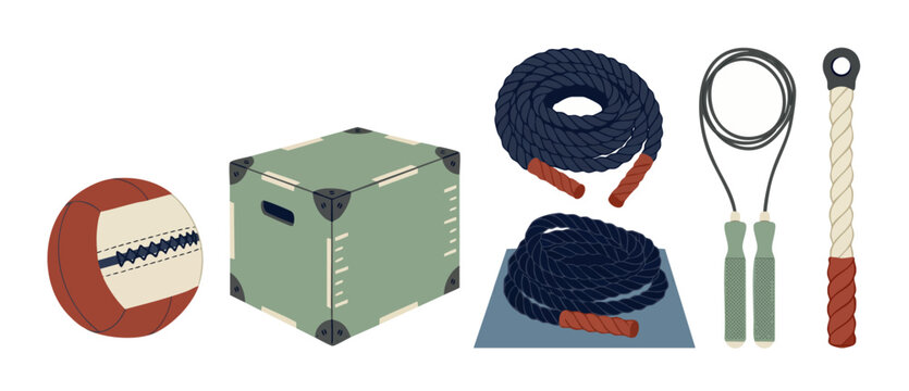 Gym fitness equipment set featuring wall ball, plyo box, jump ropes, and weighted battle rope, isolated vector illustration of professional cross training accessories for strength and endurance workou