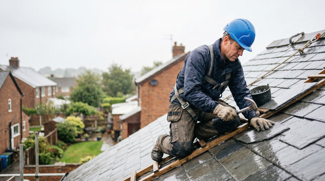 Roofer repairing house roof in rainy weather, wearing blue helmet and working with tools on rooftop. Roofer's tasks include fixing tiles while ensuring safety in rain.