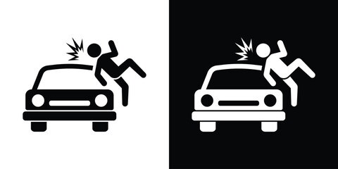 Car accident icon showing a pedestrian hit by a vehicle. Front view of a car colliding with a person. Road safety and traffic incident warning symbol. © bibin