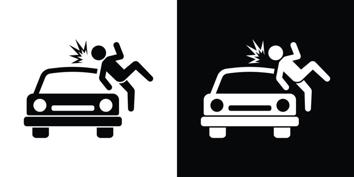Car accident icon showing a pedestrian hit by a vehicle. Front view of a car colliding with a person. Road safety and traffic incident warning symbol.