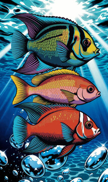 Vector illustration of fish in the sea with realistic comic book style, exotic colorful fish