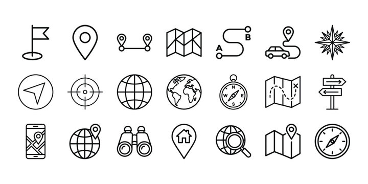 Navigation gps and travel map location line icons set with navigation location destination binoculars adventure