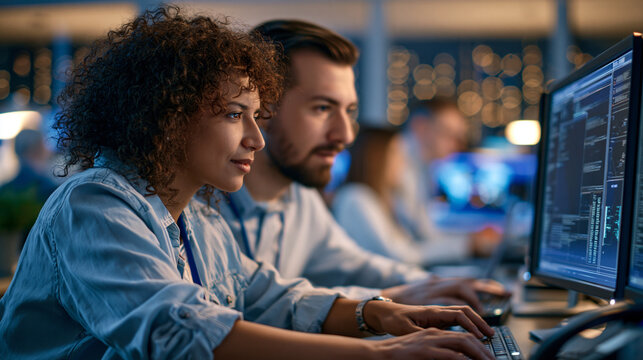 Unrecognizable male and female security professionals seated side by side at a shared workstation, collaborating on a threat response playbook displayed on a large monitor,