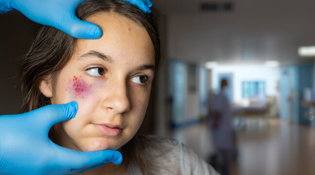 Young girl with facial rash being examined by doctor in clinic