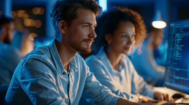 Unrecognizable male and female security professionals seated side by side at a shared workstation, collaborating on a threat response playbook displayed on a large monitor,