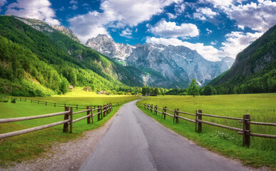 Obraz premium Rural road in alpine mountains, wooden fence, green meadows, trees in summer in Logar valley, Slovenia. Country road. Colorful landscape with road, rocks, field, grass, blue sky with clouds at sunset