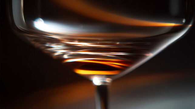 Close-up of a crystal wine glass filled with amber liquid, showcasing swirling patterns and reflections against a dark background