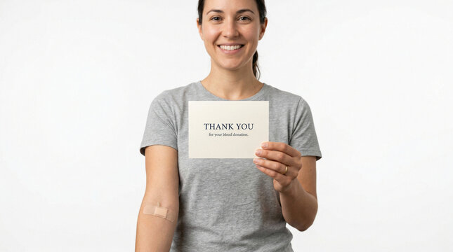 Young woman smiling and holding thank you card after vaccination  