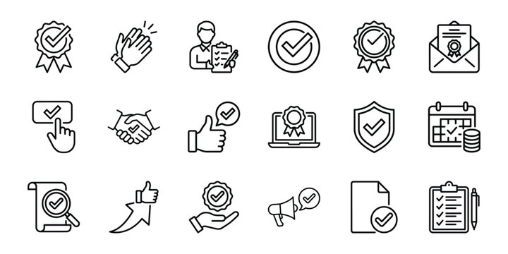 Quality assurance and approval line icons featuring checkmarks badges handshakes and certification symbols, includes sym