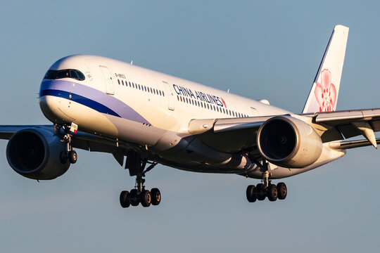 China Airlines Airbus A350-900 (B-18903) landing at Vienna International Airport on May 2, 2025 in Vienna, Austria