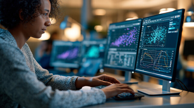 Faceless data scientist at a multi-monitor setup running a predictive analytics model, scatter plots, confusion matrices, and ROC curves displayed across screens, defocused modern
