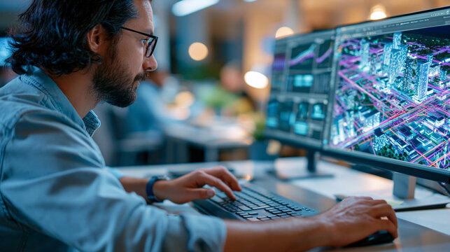 Unrecognizable civil engineer navigating a photorealistic 3D digital twin city model on a high-powered workstation, building facades and infrastructure networks displayed in vivid