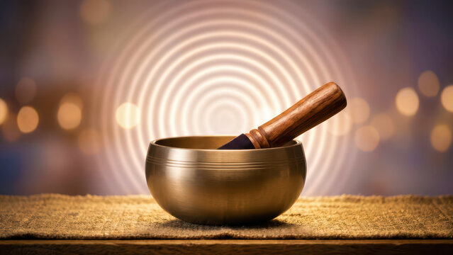 Tibetan singing bowl with wooden mallet on peaceful background, sound healing concept for meditation, vibrational therapy, mindfulness practice, nervous system relaxation and holistic wellness