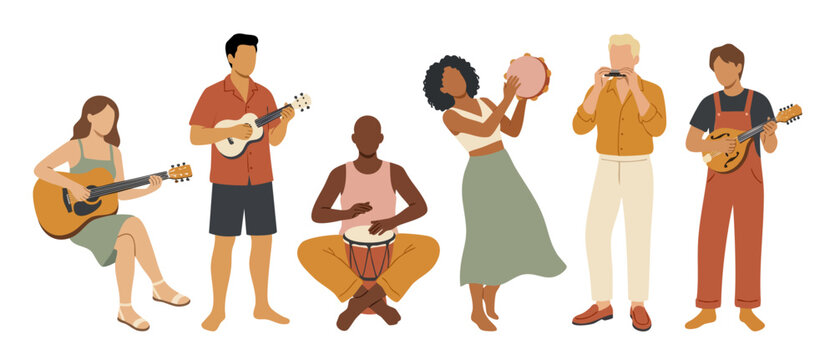 Diverse Group Musicians Playing Instruments Together, Folk Band Performance, Flat Vector Illustration Isolated on White Background for Musical Concept, Collaborative Art, Creative Jam Session and Comm
