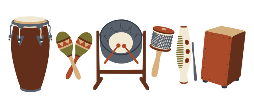 Percussion instruments collection set featuring conga maracas steel drum cabasa guiro and cajon, isolated flat vector illustration of world musical equipment for rhythm performance, folk music and con