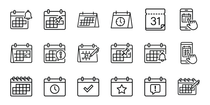 Calendar and appointment scheduling line icon set for time management and event planning applications with features icon