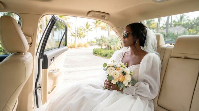 Bride in white wedding dress holding bouquet of flowers seated in car with open door, tropical landscape visible outside, preparing for beach wedding ceremony