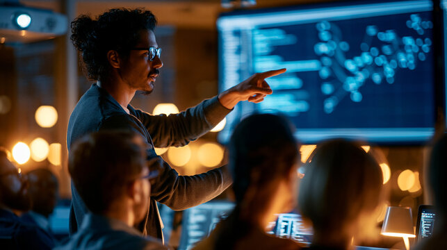 Faceless senior developer presenting code architecture on a projected screen to silhouetted team members in a dark meeting room, architecture diagrams and module dependency graphs