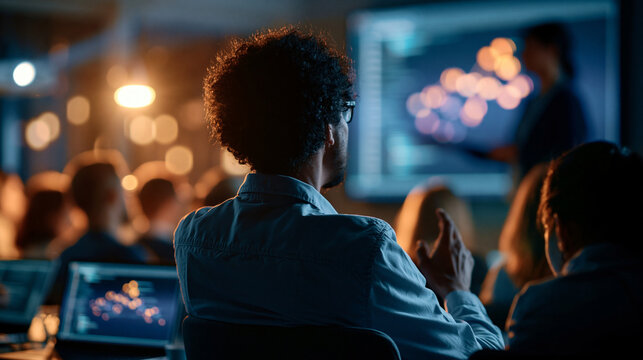 Faceless senior developer presenting code architecture on a projected screen to silhouetted team members in a dark meeting room, architecture diagrams and module dependency graphs